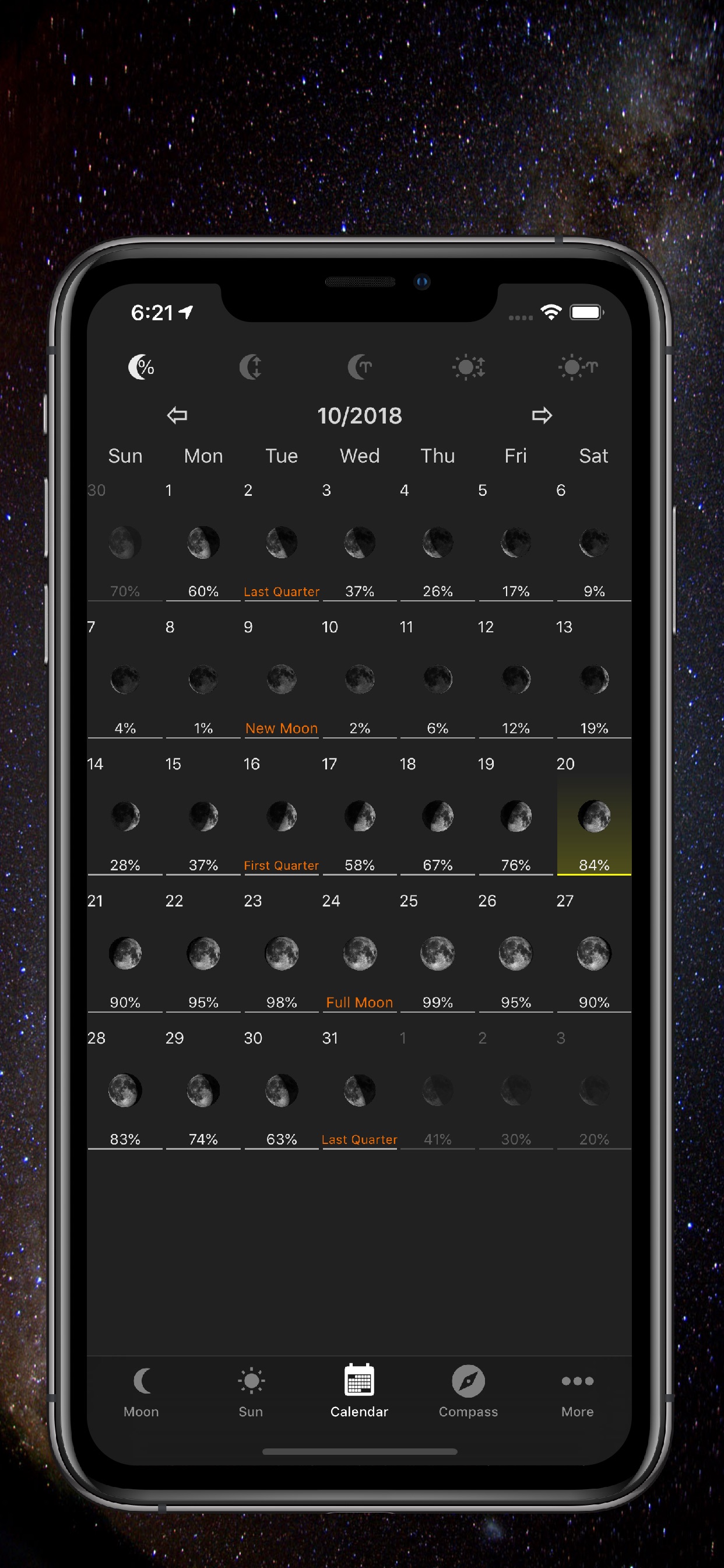 Moon Phase Calendar & Compass